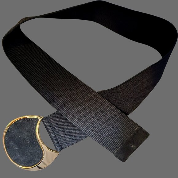 Vintage 80s Elastic Stretchy Waist Belt Black Suede Gold Round Buckle Size S/M - Picture 3 of 5